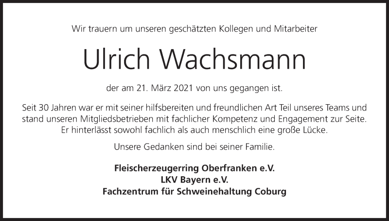  Traueranzeige für Ulrich Wachsmann vom 27.03.2021 aus MGO