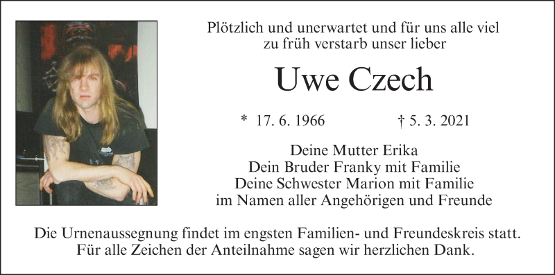  Traueranzeige für Uwe Czech vom 13.03.2021 aus MGO