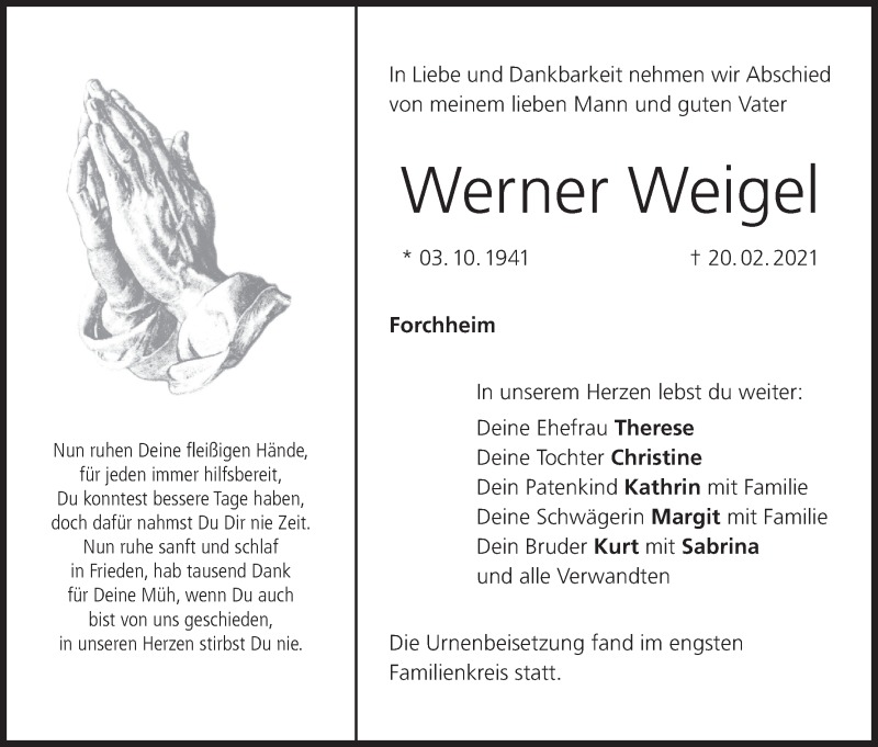 Traueranzeige für Werner Weigel vom 06.03.2021 aus MGO