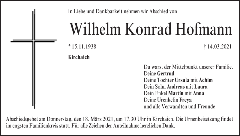  Traueranzeige für Wilhelm Konrad Hofmann vom 17.03.2021 aus MGO