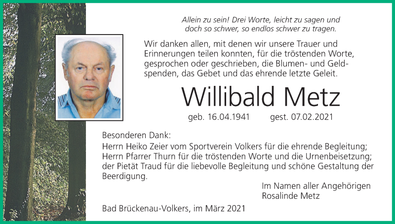  Traueranzeige für Willibald Metz vom 13.03.2021 aus MGO