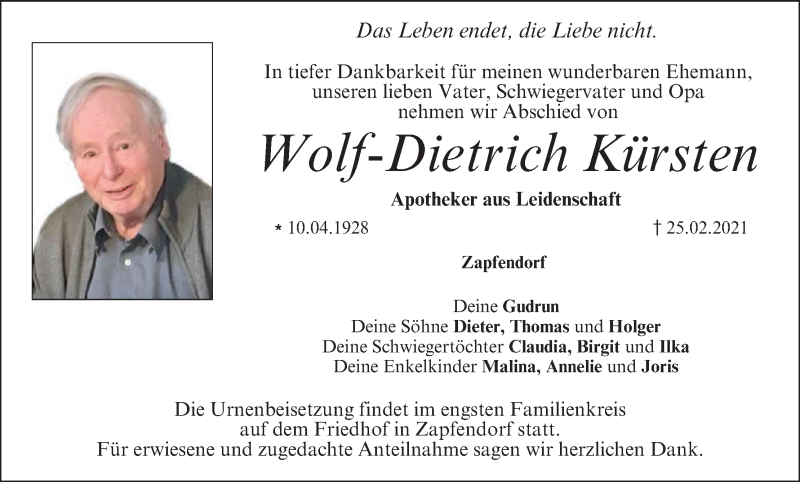  Traueranzeige für Wolf-Dietrich Kürsten vom 06.03.2021 aus MGO