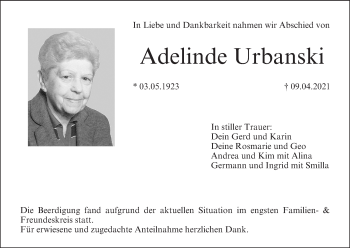 Anzeige von Adelinde Urbanski von MGO