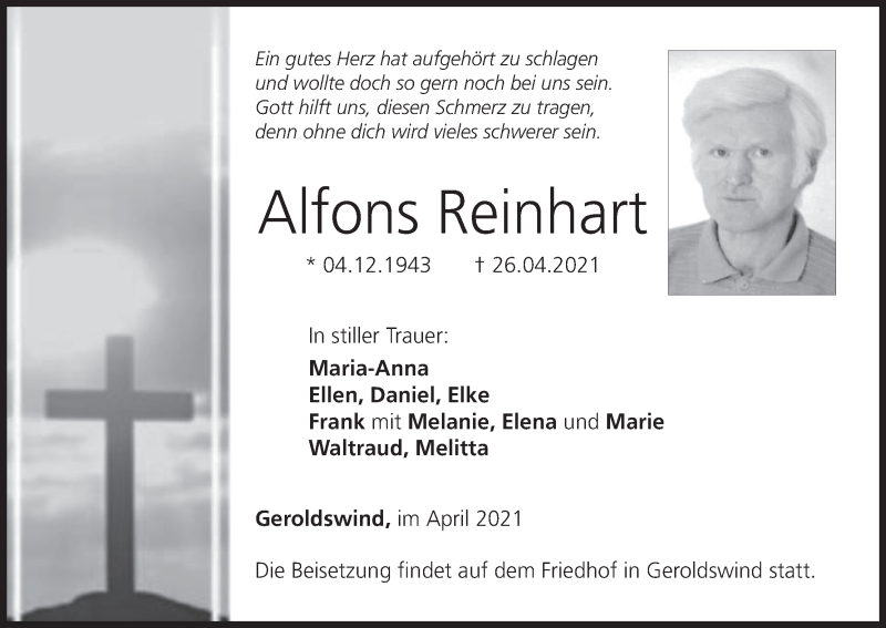  Traueranzeige für Alfons Reinhart vom 30.04.2021 aus MGO
