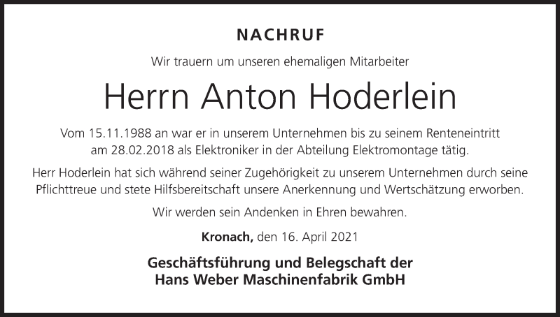  Traueranzeige für Anton Hoderlein vom 16.04.2021 aus MGO