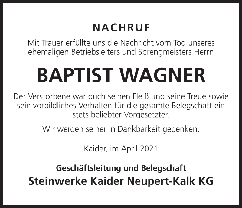  Traueranzeige für Baptist Wagner vom 06.04.2021 aus MGO