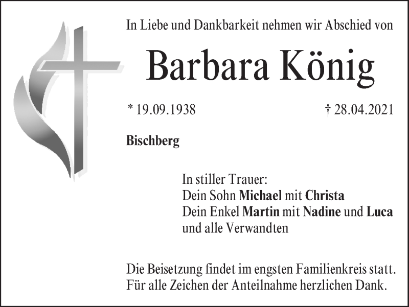  Traueranzeige für Barbara König vom 30.04.2021 aus MGO