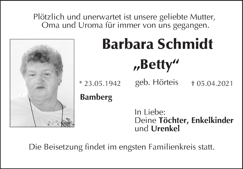  Traueranzeige für Barbara Schmidt vom 10.04.2021 aus MGO