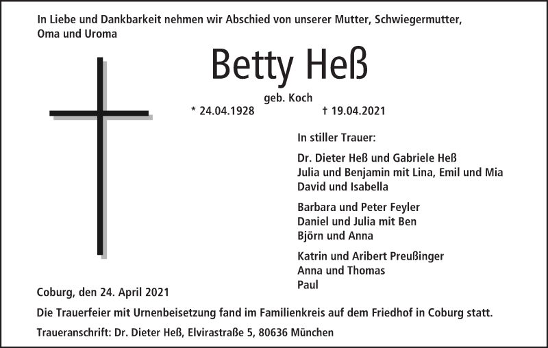  Traueranzeige für Betty Heß vom 24.04.2021 aus MGO
