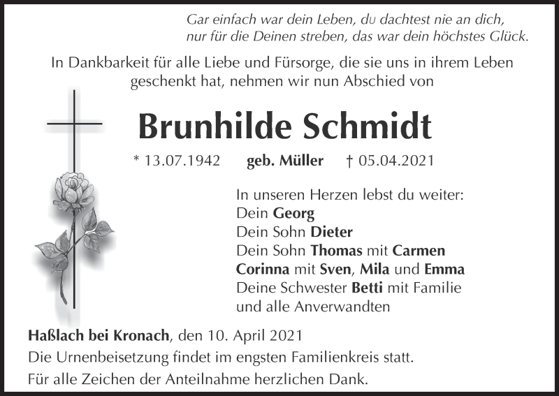  Traueranzeige für Brunhilde Schmidt vom 10.04.2021 aus MGO