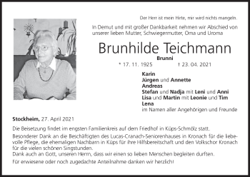Anzeige von Brunhilde Teichmann von MGO