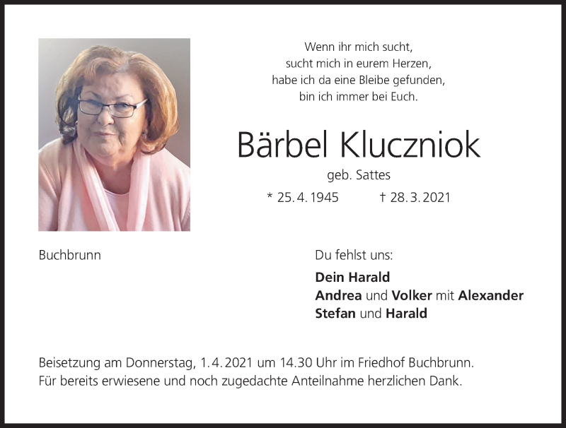  Traueranzeige für Bärbel Kluczniok vom 31.03.2021 aus MGO