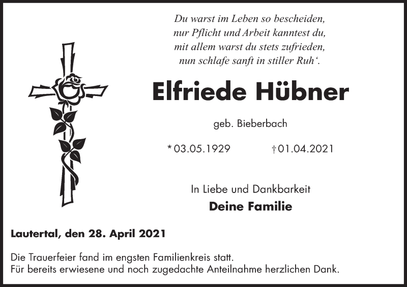  Traueranzeige für Elfriede Hübner vom 28.04.2021 aus MGO