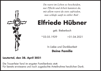 Anzeige von Elfriede Hübner von MGO