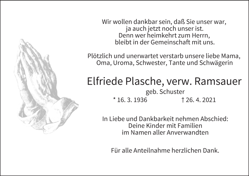  Traueranzeige für Elfriede Plasche vom 30.04.2021 aus MGO