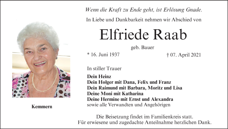  Traueranzeige für Elfriede Raab vom 10.04.2021 aus MGO