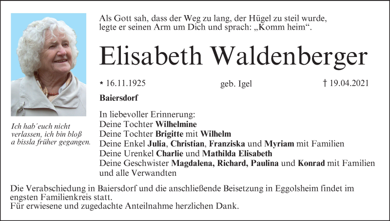  Traueranzeige für Elisabeth Waldenberger vom 24.04.2021 aus MGO