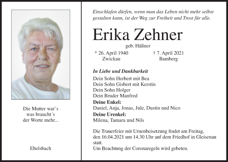  Traueranzeige für Erika Zehner vom 10.04.2021 aus MGO