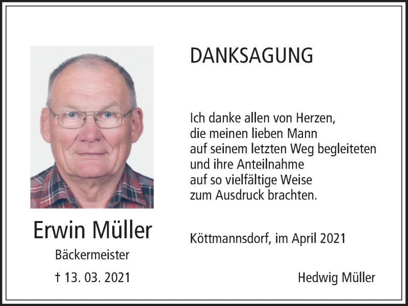  Traueranzeige für Erwin Müller vom 10.04.2021 aus MGO