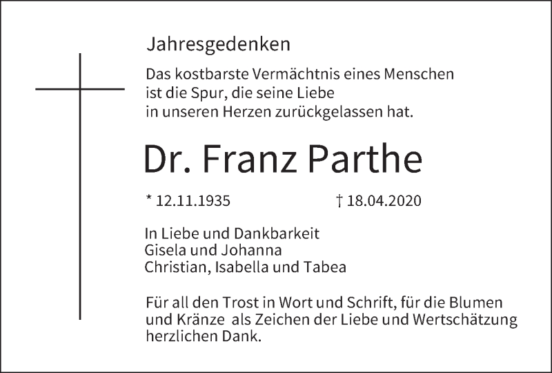  Traueranzeige für Franz Parthe vom 17.04.2021 aus MGO
