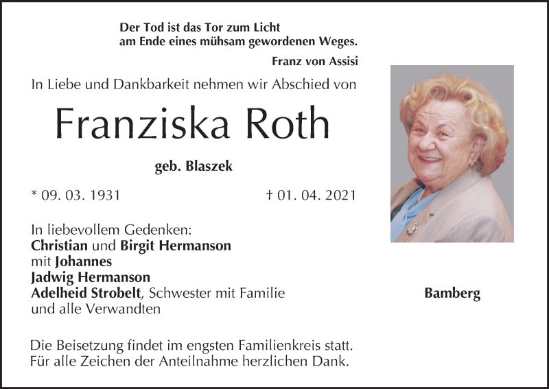  Traueranzeige für Franziska Roth vom 03.04.2021 aus MGO