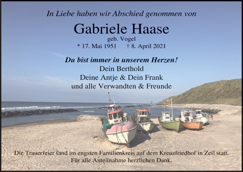  Traueranzeige für Gabriele Haase vom 21.04.2021 aus MGO