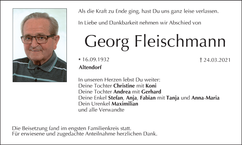  Traueranzeige für Georg Fleischmann vom 03.04.2021 aus MGO