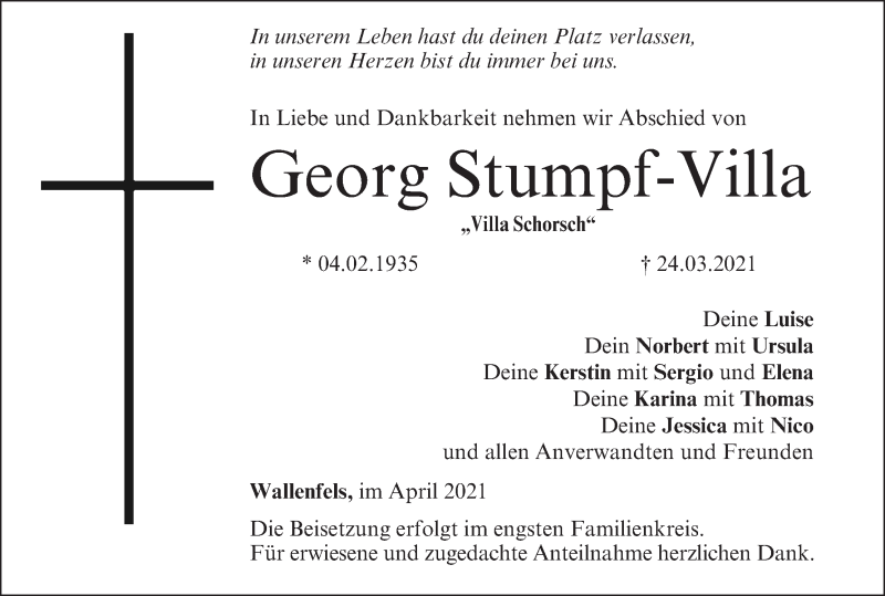  Traueranzeige für Georg Stumpf-Villa vom 03.04.2021 aus MGO