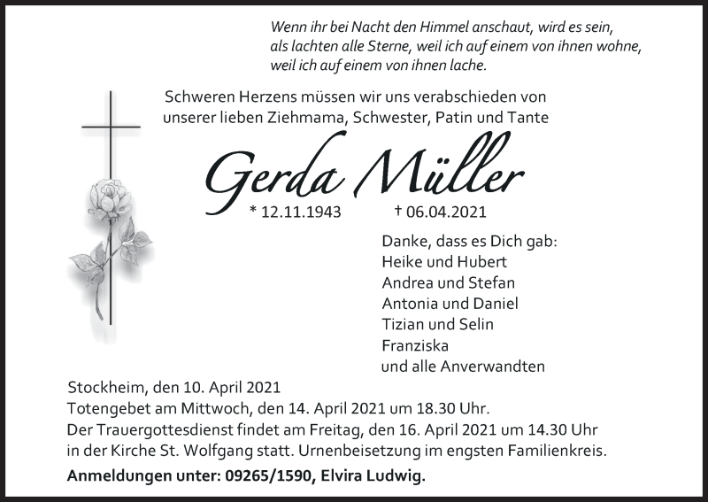 Traueranzeige für Gerda Müller vom 10.04.2021 aus MGO
