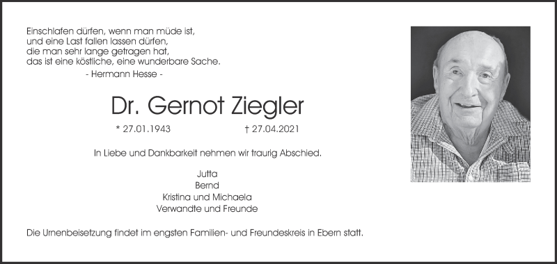  Traueranzeige für Gernot Ziegler vom 30.04.2021 aus MGO