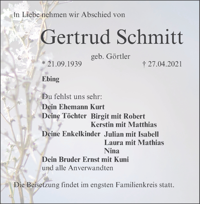  Traueranzeige für Gertrud Schmitt vom 30.04.2021 aus MGO