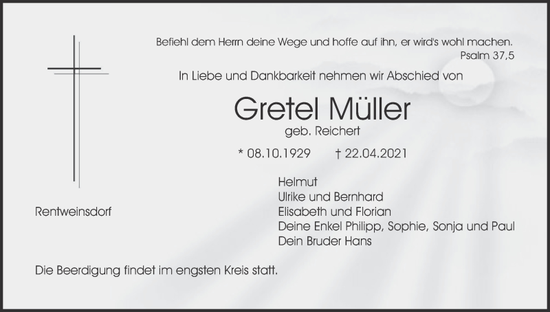  Traueranzeige für Gretel Müller vom 27.04.2021 aus MGO