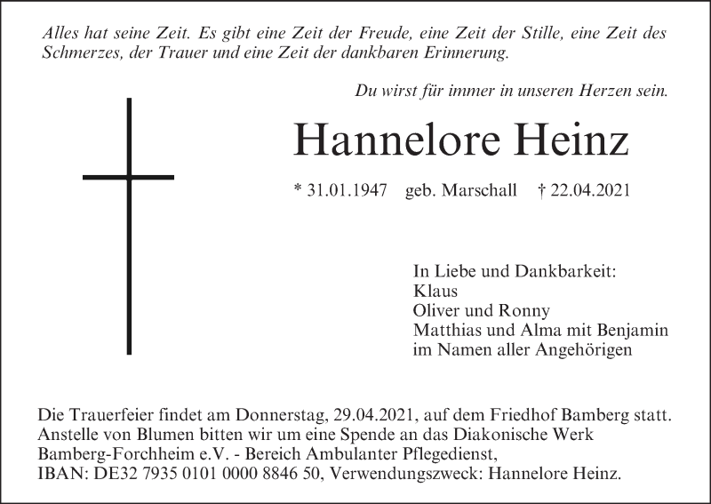  Traueranzeige für Hannelore Heinz vom 27.04.2021 aus MGO
