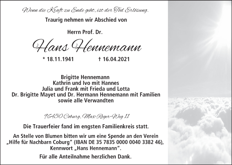  Traueranzeige für Hans Hennemann vom 30.04.2021 aus MGO