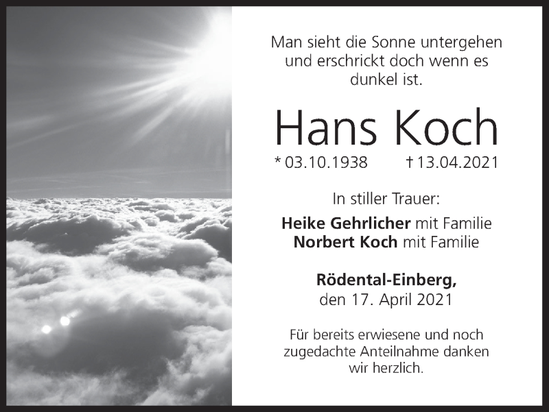  Traueranzeige für Hans Koch vom 17.04.2021 aus MGO