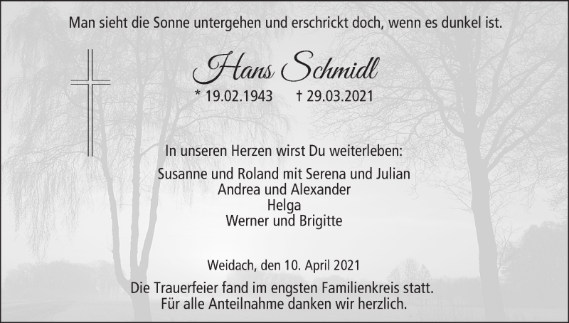  Traueranzeige für Hans Schmidl vom 10.04.2021 aus MGO