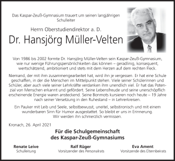 Anzeige von Hansjörg Müller-Velten von MGO