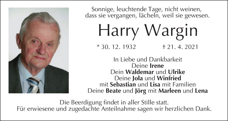  Traueranzeige für Harry Wargin vom 24.04.2021 aus MGO