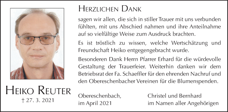  Traueranzeige für Heiko Reuter vom 24.04.2021 aus MGO