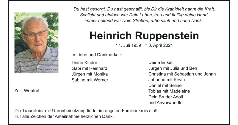  Traueranzeige für Heinrich Ruppenstein vom 13.04.2021 aus MGO
