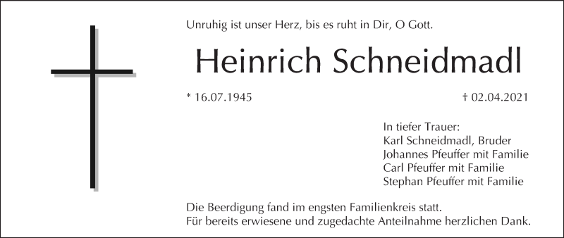  Traueranzeige für Heinrich Schneidmadl vom 10.04.2021 aus MGO