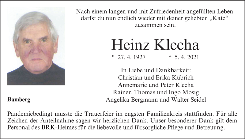  Traueranzeige für Heinz Klecha vom 30.04.2021 aus MGO