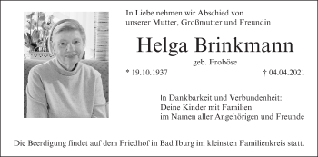 Anzeige von Helga Brinkmann von MGO