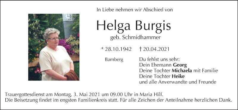  Traueranzeige für Helga Burgis vom 30.04.2021 aus MGO