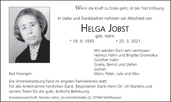 Anzeige von Helga Jobst von MGO