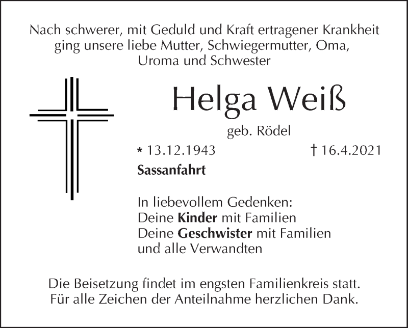  Traueranzeige für Helga Weiß vom 21.04.2021 aus MGO