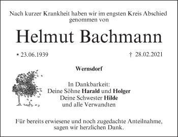 Anzeige von Helmut Bachmann von MGO