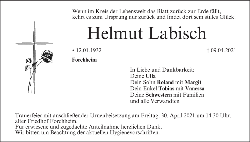  Traueranzeige für Helmut Labisch vom 24.04.2021 aus MGO