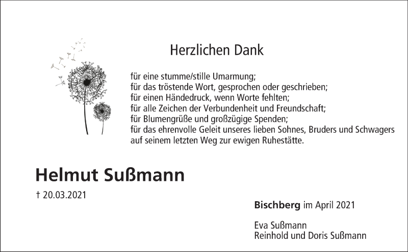  Traueranzeige für Helmut Sußmann vom 24.04.2021 aus MGO