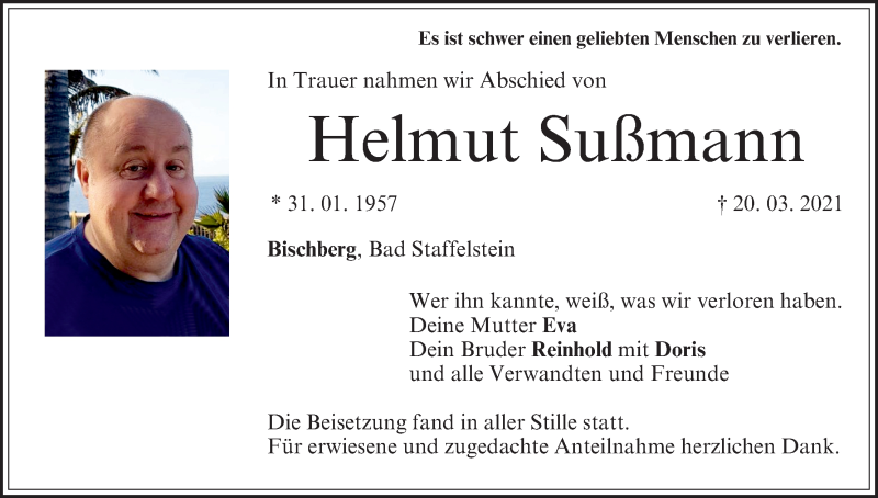  Traueranzeige für Helmut Sußmann vom 03.04.2021 aus MGO